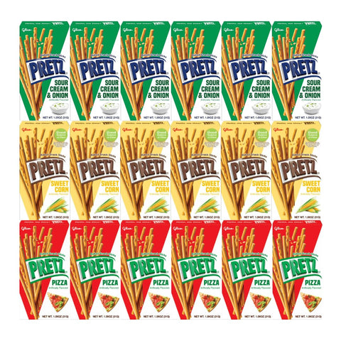 Variety Pack Sweet Corn Baked Snack Sticks Glico Pretz (Sweet Corn, Pizza, Sour Cream & Onion) Individually Wrapped, Perfect for Snacks, Lunches, and On-the-Go, 1.09 Ounce, 6 each flavor, 18 Pack