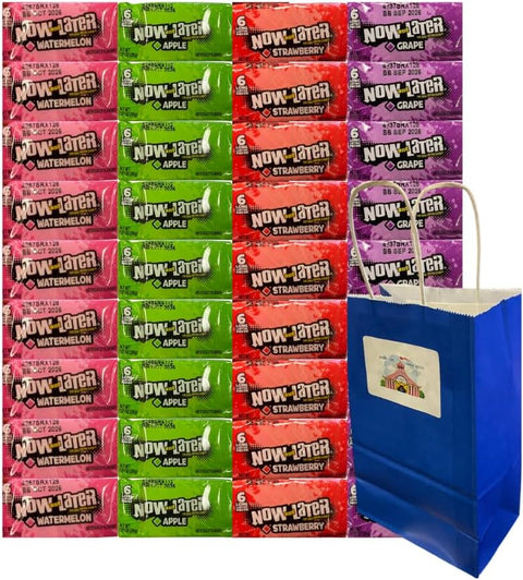 Variety Pack Now and Later 36 Count – 4 Fruity Flavors Watermelon Grape Apple Strawberry – Chewy Candy with Blue Gift Bag – Party Favors, Bulk Treats, Individually Wrapped