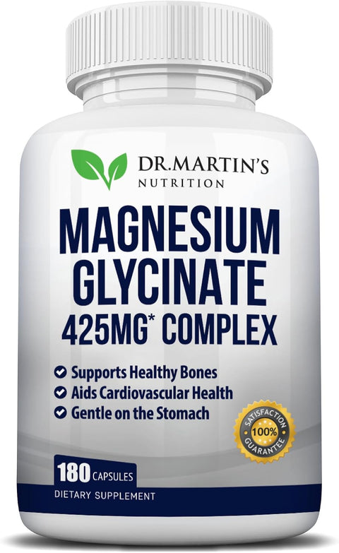 Premium Magnesium Glycinate 425mg - 180 Vegan Capsules - Helps with Stress Relief, Sleep, Muscle Cramps & Healthy Heart |