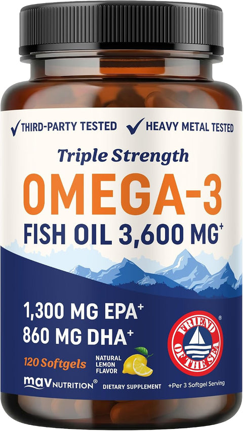 Triple Strength Omega 3 Fish Oil 3600 mg, EPA & DHA, Over 2100mg Omega-3