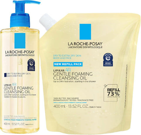 Bundle of La Roche-Posay Lipikar AP+ Gentle Foaming Cleansing Oil 400ML + Refill, Gentle Oil Cleanser for Face and Body Formulated with Niacinamide, Long-Lasting 24-hour Hydration