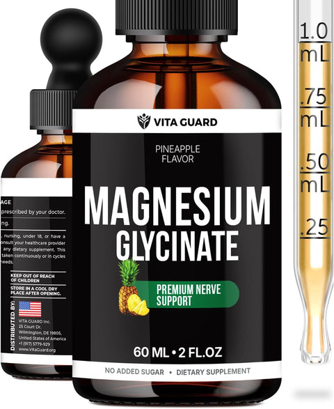 Magnesium Glycinate 500mg Liquid Drops – High Absorption Liquid Magnesium Supplement for Sleep, Calm & Muscle Recovery – Sugar-Free, Vegan, Pineapple Flavor, 60 mL