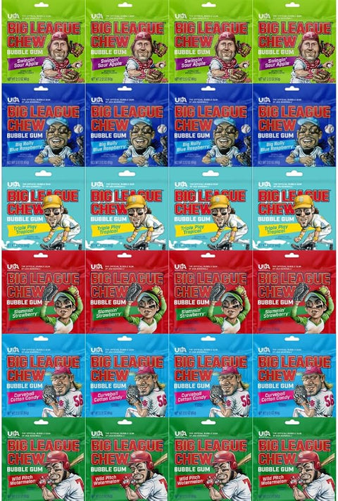 Variety Pack Big League Chew Bubble Gum, Chewy Shredded Bubble Gum, 2.12 oz Pack, Bulk 24 Count, Soft Chewing Gum for Kids and Adults, Party and Snack Candy