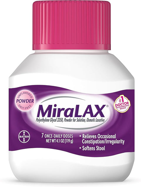 MiraLAX Laxative Powder, Gentle Constipation Relief For Adults, Stool Softener With Peg 3350, Nonstimulant Laxative, No Harsh Side Effects, Osmotic Laxative, 7 Dose