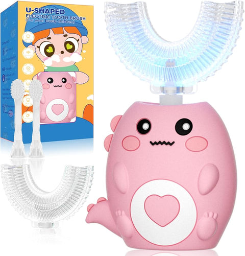 Lwalaneng Kids U Shaped Electric Toothbrush, with 3 Cleaning Modes, with 4 Brush Heads, 360° Sonic Automatic Toothbrush, IPX7 Waterproof Cartoon Dinosaur Design (Ages 2-12)