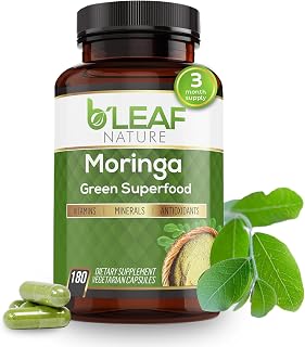 B'LEAF NATURE Moringa Leaf Vegan Capsules 1000mg Serving, 180 Count