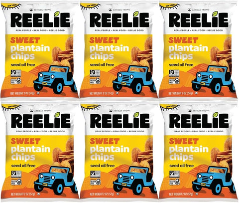 Sweet Plantain Chips Reelie, Crispy Tropical Snack, Naturally Sweet Plantain Chips, Gluten Free Snack, 2 Oz Bags, 6 Pack