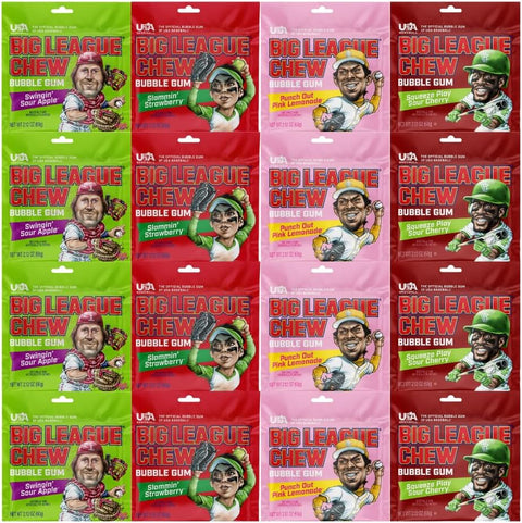 Variety Pack Big League Chew Bubble Gum, Chewy Gum Pouches, Classic Fun Chewing Gum Candy Snack, 16 Count (2.12 oz Each), Bulk Pack for Sharing and Parties