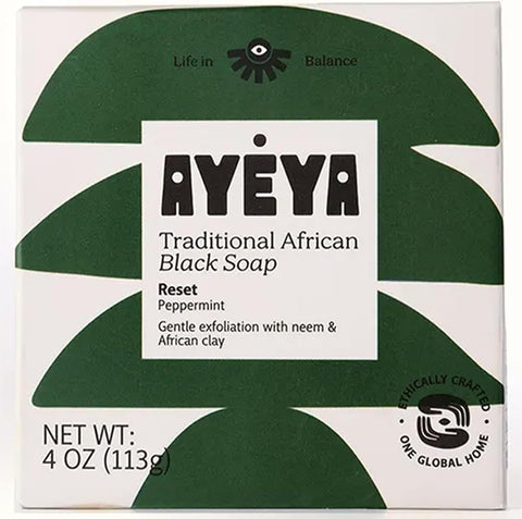 Ayéya African Black Soap Bar, Peppermint (Reset) – Exfoliating Bar Soap for Acne-Prone Skin with Neem Oil, 4 Oz - Personal Care