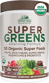 Country Farms Organic Super Greens Powder, Chocolate Flavor, Daily Greens with Fiber, Mushrooms & Probiotics for Gut Health and Energy