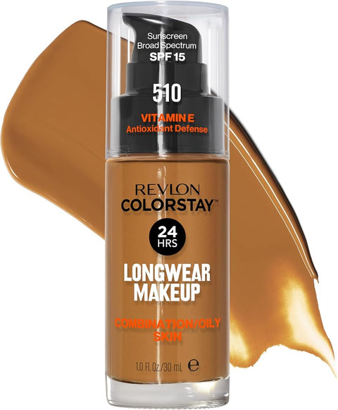 Revlon Liquid Foundation, ColorStay Face Makeup for Combination & Oily Skin, SPF 15, Medium-Full Coverage with Matte Finish, 510 Pecan, 1 Fl Oz