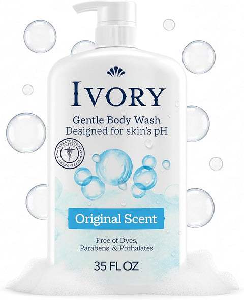 Ivory Body Wash, Designed for the Whole Family, Gentle Formula, Free of Dyes Heavy Perfumes Parabens Phthalates & Silicones, for Sensitive Skin, Designed for Skin's pH, Original Scent, 35 oz