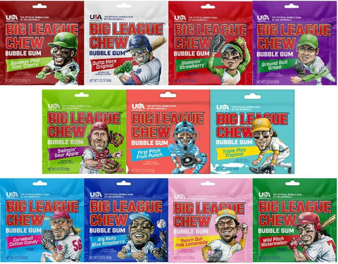 Variety Pack Big League Chew Bubble Gum, 2.12 oz Bags, 11 Pack Assortment, Sour Cherry, Original, Strawberry, Grape, Sour Apple, Fruit Punch, Tropical, Cotton Candy, Blue Raspberry, Pink Lemonade & Watermelon
