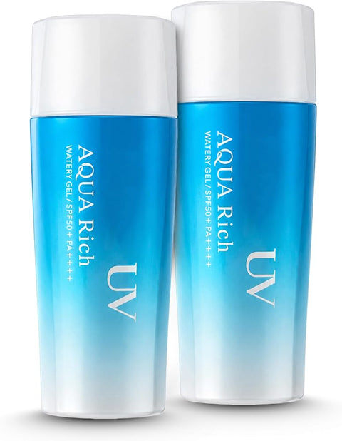 Japanese Sun Care Aqua Rich Watery Gel SPF 50+ PA++++ - Daily Hydrating Facial Moisturizing Sunscreen with Hyaluronic Acid - Lightweight, Non-Sticky, Makeup Base - Sunscreen for Women - 70ml 2-pack