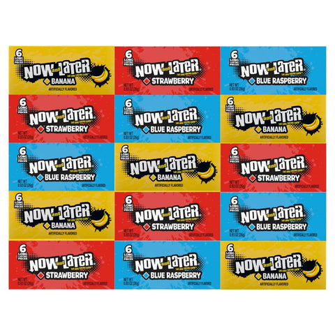 Variety Pack Candy Now and Later, 15 Individually Wrapped Pieces, Includes 5 Blue Raspberry, 5 Banana, and 5 Strawberry Flavors, 0.93 oz Each, Long-Lasting Chewy Taffy, Great for Parties or On-the-Go