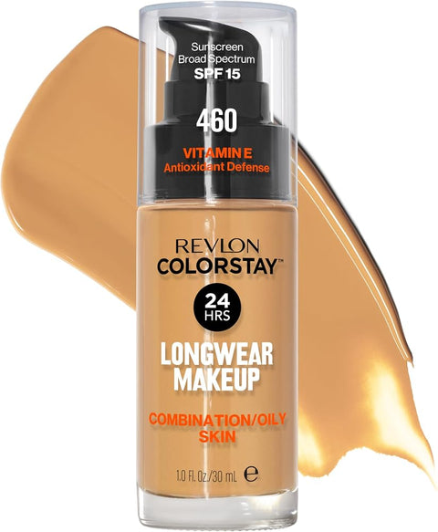 Revlon Liquid Foundation, ColorStay Face Makeup for Combination & Oily Skin, SPF 15, Medium-Full Coverage with Matte Finish, Macadamia (460), 1.0 oz
