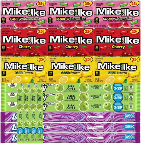 Variety Pack Candy Mix Mike and Ike & Taffy Ropes - 3 Each of 5 Flavors - Sour Watermelon, Cherry, Sour Lemon, Sour Apple, Grape - Individually Wrapped Candies for Parties & Snacking