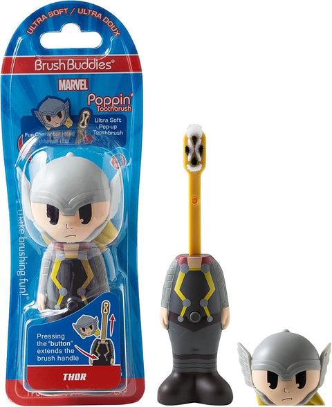 Brush Buddies Marvel Thor Kids Toothbrush Soft Rounded Bristles Poppin' Fun Superhero Toothbrush Cover Easy Grip Handle Gentle Cleaning for Toddlers & Kids Ages 2+ Travel Friendly Oral Care