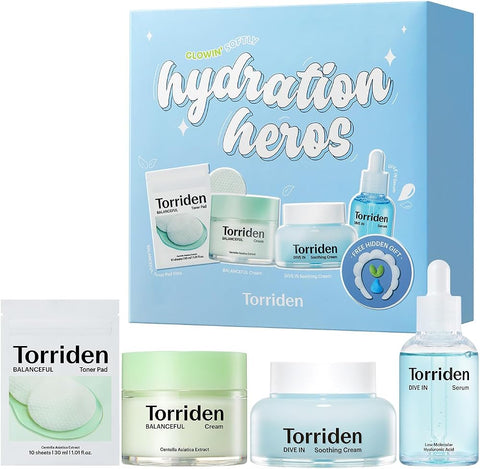 Torriden Softly Hydration Heroes DIVE IN Serum 1.69 fl.oz.+DIVE IN Soothing Cream 3.38 fl.oz+BALANCEFUL Cream 2.70 fl.oz.+BALANCEFUL Toner Pad 10 sheets | Korean Skincare Set for Hydration & Calming