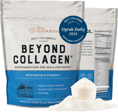 Live Conscious Beyond Collagen Multi Collagen Powder for Women w/Types I, II, III, V & X - Keto Friendly, Hydrolyzed Collagen Peptides Powder Blend w/Biotin & Vitamin C 41 Servings
