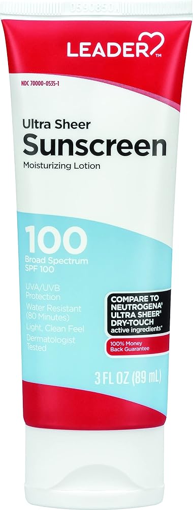 Leader Travel Sunscreen SPF 100+, Ultra Sheer Dry-Touch Water Resistant and Non-Greasy Lotion with Broad Spectrum SPF 100+, 3 Fl Oz - Personal Care