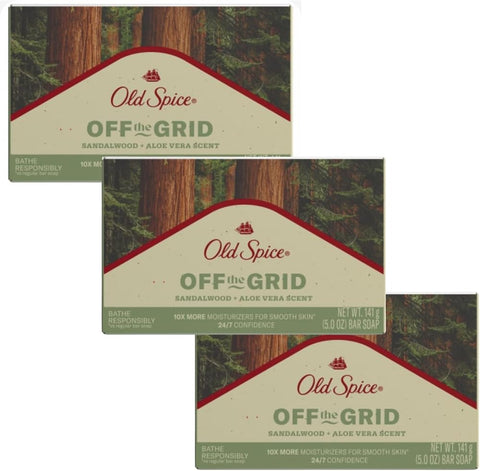 Old Spice Bar Soap for Men, Off the Grid Sandalwood + Aloe Vera Scent, 10x More Moisturizers for Smooth Skin with Mild Exfoliators & Plant Based Cleansers, 5.0 oz