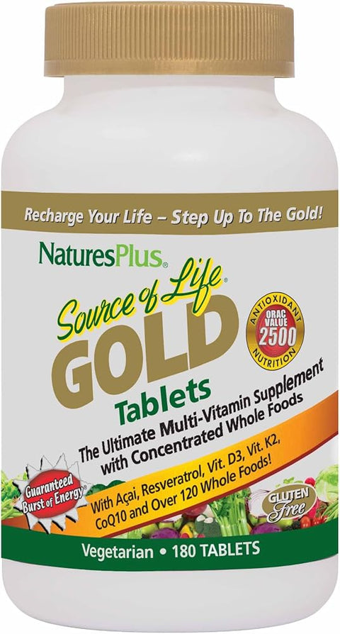 NaturesPlus Source of Life GOLD Multivitamin - 180 Tablets - Blood Support, Bone Support, Healthy Immune System - Includes Vitamins D3, B12, K2 & Over 120 Whole Food Nutrients - 60 Servings
