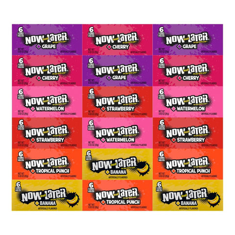 Variety Pack Candy Now and Later, 18-Pack, 3 Each of Watermelon, Strawberry, Tropical Punch, Banana, Grape, Cherry, 0.93 oz, Individually Wrapped Chewy Fruit Flavored Treats