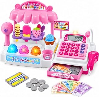 Ice Cream Shop Pretend Play Cash Register with Scanner, Money & Desserts 3+