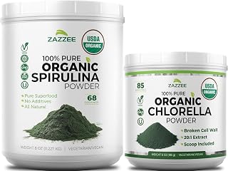 Zazzee USDA Organic Spirulina and Chlorella Powder | Organic Greens Superfood Bundle with Broken Cell Wall Chlorella (6oz) Plus Raw Spirulina Algae (8oz) | Non-GMO Vegan & ISO Lab Tested