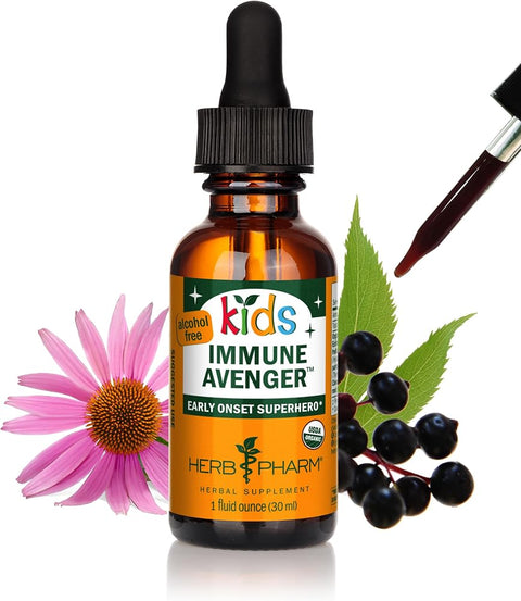 Herb Pharm Kids Organic Immune Avenger with Black Elderberry & Kids Echinacea, Ginger & Cinnamon| Alcohol-Free, Non-Bitter Toddler Immune Support Supplement, Easy Absorption, 1 Oz
