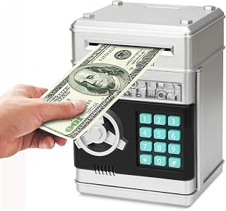 Electronic Piggy Bank, Mini ATM Password Money Bank Cash Coins Saving Box for Kids, Cartoon Safe Bank Box Perfect Toy Gifts for Boys Girls (Silvery)
