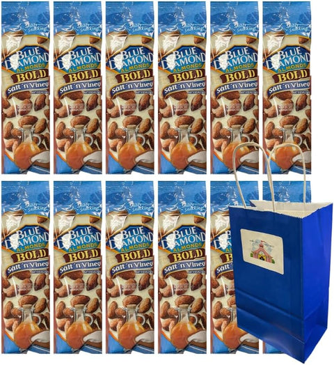 Big Top Deals USA 5.25x3.2x8 Blue Paper Gift Bag with Diamond Almonds Salt 'n Vinegar 1.5oz 12 Pack – Snack Pack with Treat Bag for Gifts, Parties, Events, Corporate or Travel