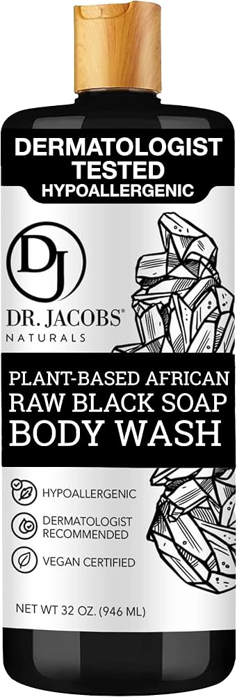 Dr Jacobs Naturals Authentic African Raw Black Soap, All-In-One Cleanser for Face Wash, Sensitive Skin Body Wash, Shampoo, Shaving Soap | Shea Butter Moisturizing and Nourishing Formula | 32oz
