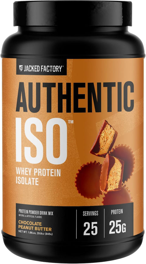 Jacked Factory Authentic ISO Whey Protein Isolate Powder - Low Carb, Non-GMO Muscle Building Protein w/No Fillers, Post Workout Recovery - 25 Servings, Chocolate Peanut Butter