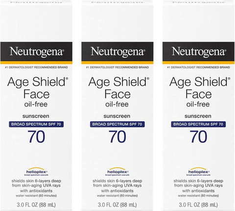 Neutrogena Age Shield Face Oil-Free Sunscreen Lotion with Broad Spectrum SPF 70, Non-Comedogenic Moisturizing Sunscreen to Help Prevent Signs of Aging, PABA-Free, 3 fl. oz (Pack of 3)