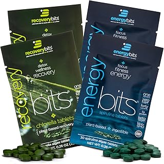 ENERGYbits/RECOVERYbits - Organic Spirulina & Chlorella Tablets - Single Serving Sample Packs - Algae Superfood - High Protein, Chlorophyll - Self Care - Vegan, Keto, Gluten Free - 4 Bags, 30/Bag