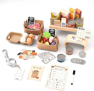 Youuys Cash Register for Kids, Wooden Grocery Store Playset with Shelf & 50+ Pcs Accessories, Pretend Play Food, Montessori Learning Toys, Stocking Stuffers for Toddlers Ages 3-8 Boys