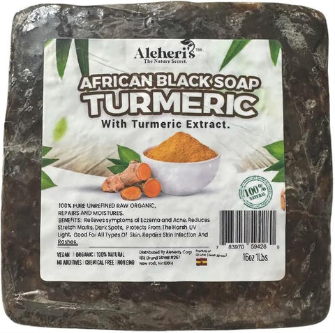 Aleheri'S African Black Soap with Turmeric 16 oz - Raw African Black Soap from Ghana, Handmade Natural Face & Body Cleanser with Shea Butter, Deep Cleansing Soap for All Skin Types
