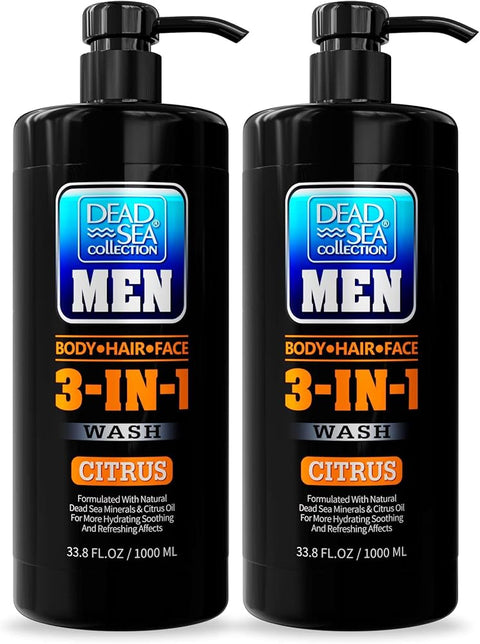 Dead Sea Collection Mens Body Wash 3 in 1 – Citrus Body Wash for Men – Shower Gel – Shampoo – Shower Soap for Face and Hair – Pack of 2 Bottles (33.8 Fl. Oz. Each)