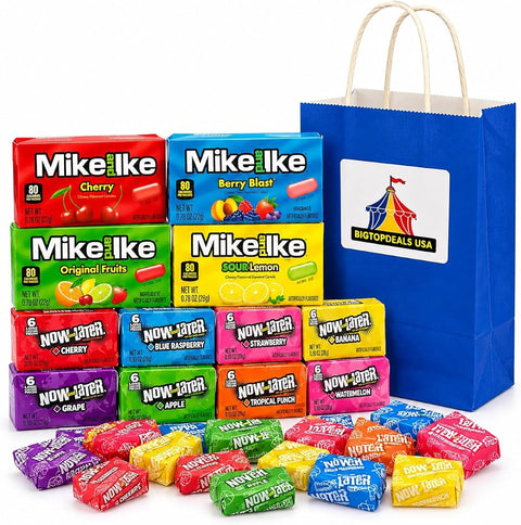 BIGTOPDEALSUSA Assorted Chewy Candy Mix, Mike and Ike and Now and Later, 16 Count, for Kids Birthday Party Favor, Pinata Filler