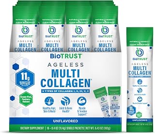 BioTrust Ageless Multi Collagen Peptides Powder - Types I, II, III, V, X - Unflavored Collagen Powder for Women & Men - Hydrolyzed Protein- Grass Fed Beef, Fish, Chicken, Eggshell Membrane(16 packets)