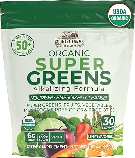Country Farms Super Greens Natural Flavor, 50 Organic Super Foods, USDA Organic Drink Mix (Wheat Grass, Spirulina, Chlorella) Mushrooms & Probiotics, Fiber, Gut Health, Natural Energy, 30 Servings