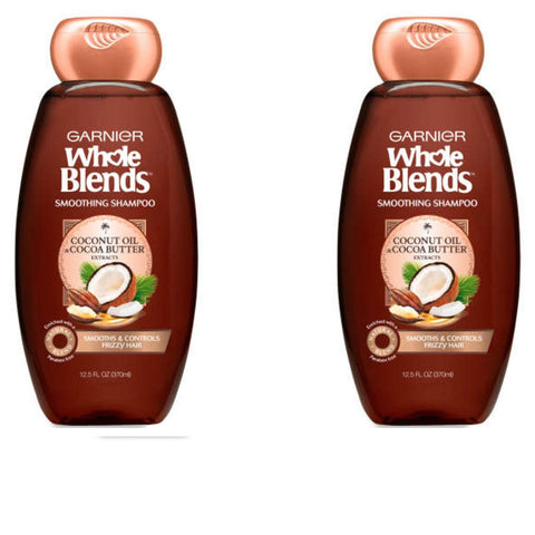 Garnier Whole Blends Smoothing Shampoo Coconut Oil, 12.5 Ounce (369ml), 2 Pack - 24 Hour Frizz Control, Gentle for Everyday Use
