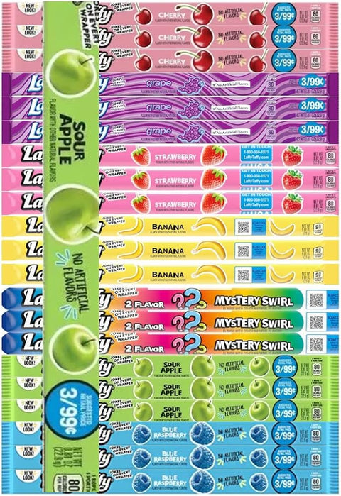 Variety Pack Taffy Ropes - 3 Each of 7 Flavors, Individually Wrapped Candy, 0.81 oz Per Rope, 21 Pack for Snacking, Gifting, or Sharing, Chewy and Fun Treats for All Ages