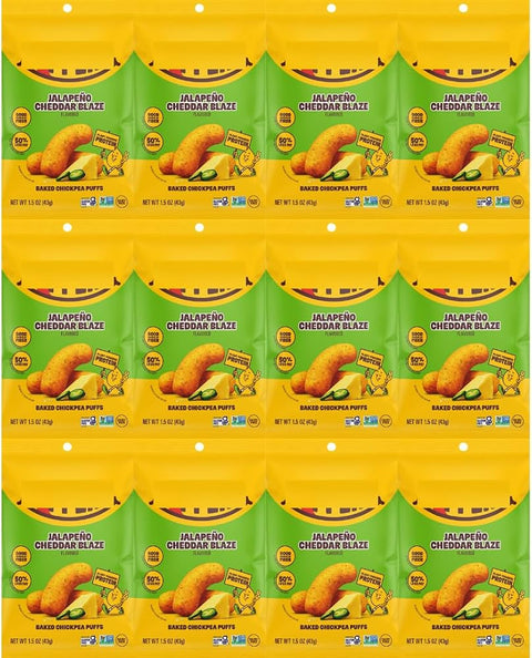 Chickpea Puffs Jalapeño Cheddar Blaze, Crunchy Snack, 1.5 oz Bags, 12 Pack