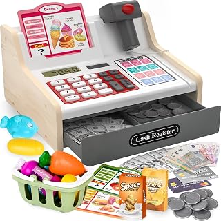 maysida Kids Cash Register with Scanner, Counting Cash Register Toys | Pretend Play Wooden Cash Register Toy for Kids with Fake Money, Food, Credit Card, Kids Boys Girls Age 3+ 4-8