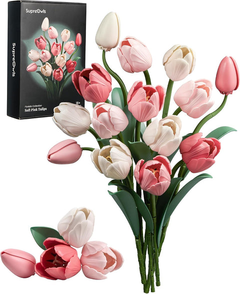 Pink White Tulips Flowers Building Set Botanical Bouquet for Adult Women