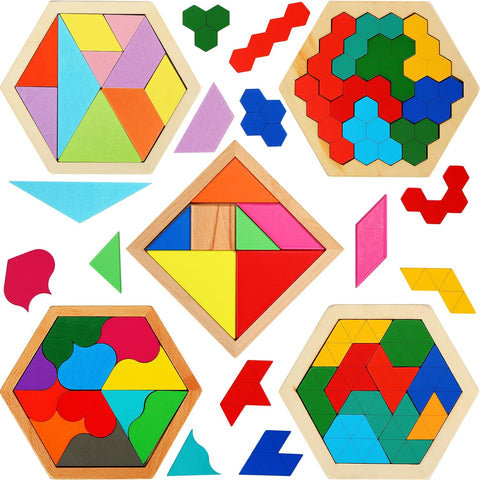 Jerify 5 Pack Wooden Tangram Puzzle for Kids, Brain Teaser Puzzles