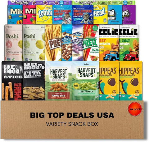 BIG TOP DEALS USA Variety Snack Box, 24 Count Candy, Chips & Assorted Snacks Care Package for Parties, Office, College, Birthdays & Gift Giving